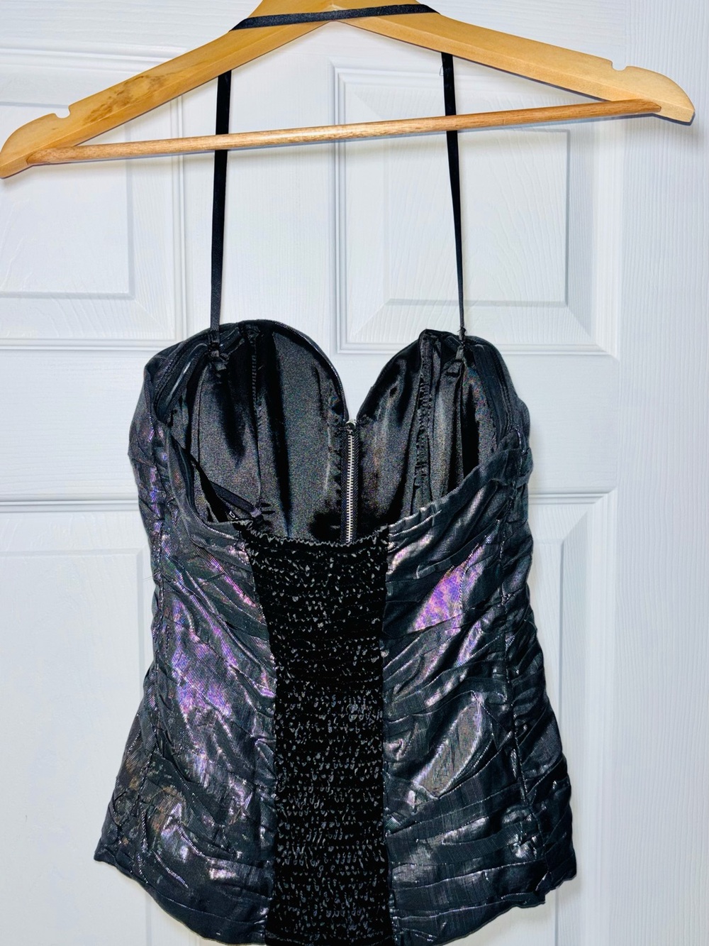 bebe Black Shimmery Zip-Front Ruched Bustier Camisole - Picture 4 of 5